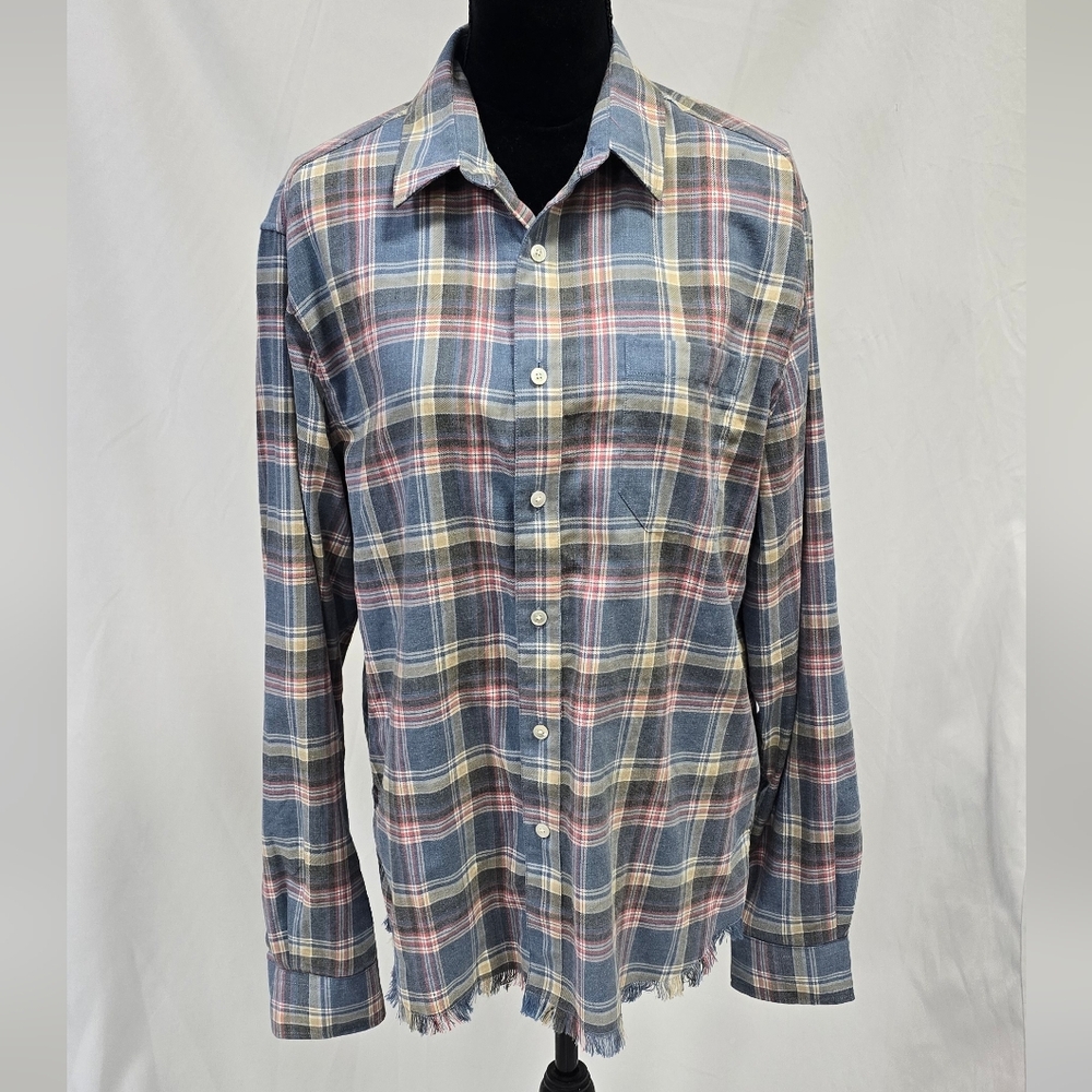 Frame men L frayed hem long sleeve button down shirt dusty blue plaid western